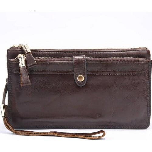 Genuine Leather Men Long Wallet Coin Purse Organizer Cell Phone Clutch Double Zipper Wallets Male Card Holder Money Bag