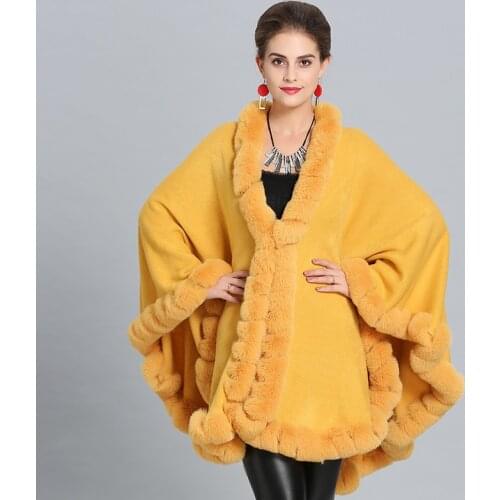New Large Fox Hair Collar Knitted Cape Women Outcoat Yellow Auburn Black Poncho Luxury Brand Fashion Warm Thick Pullover Capes