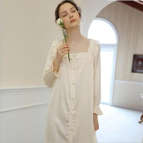 Princess Autumn Vintage Cardigan Long Nightgowns Women Sexy Square Collar Ice Silk Night Dress Sweet Full Sleeves Loungewear New