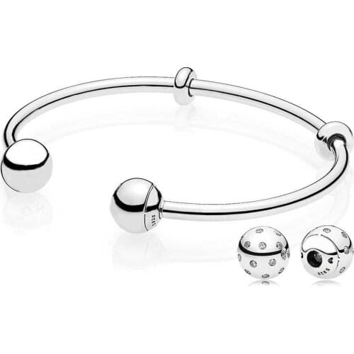 NEW 925 Sterling silver MOMENTS Open Bangle & End Caps Gift Set Clear CZ fit DIY Original charm Bracelets jewelry A Set