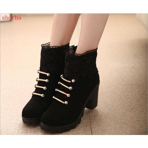 New Women Boots Fashion PU Leather Round Toe Ankle Boots Sexy Lace Ladies High Heels Platform Shoes Woman Size 35-40