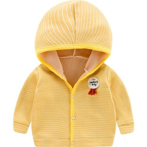 Autumn Baby Girl Boy Outerwear Striped Pattern Casual Long Sleeve Hoodie Coat Thicken Velvet Outfits Tops