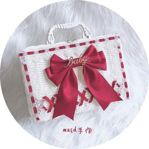 Pastoral Style Lovely Bow Lolita Bag Cosplay Straw Woven Basket Rattan Box Soft Sister Tea Party Princess Wild Handbag Suitcase