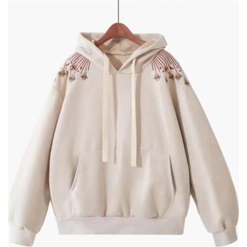 Pullover retro plus loose thick hoodie winter 2021 new embroidered fleece hooded sweater plus size womens clothing oversized