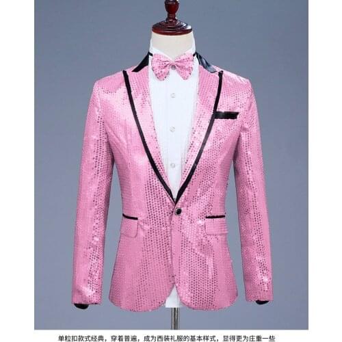 Pink Sequin One Button Dress Blazers 2020 Brand New Nightclub Prom Men Suit Jacket Wedding Stage Singer Costume (Bowtie Include)