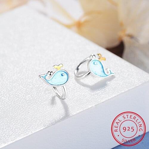 100% Sterling Silver Blue Lovely Whale Stud Earrings For Girls Kids Children Creative Cute Marine Animals Girl Jewelry