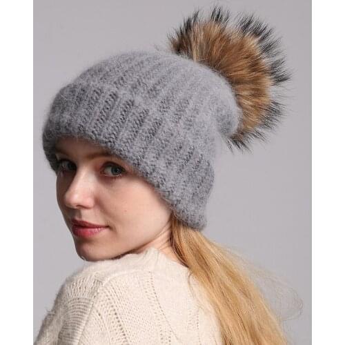 70% Angola Rabbit Fur Knitted Hat With Real Fur Pom pom Hat Skullie Beanies Winter Hat For Women Girl 's Hat Female Ski Cap