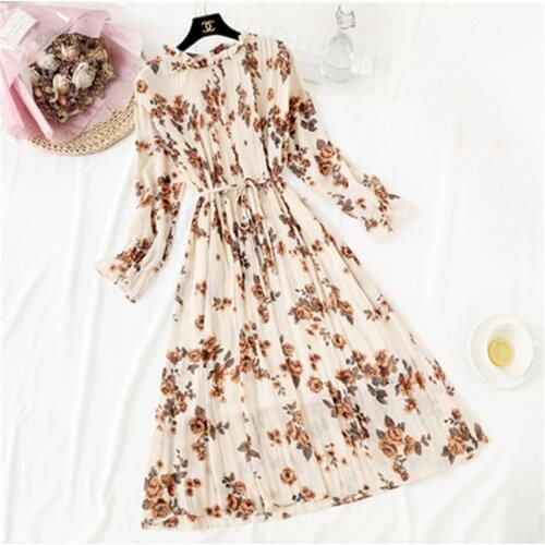 Dot Print Chiffon Dress Round Neck Long Sleeve Loose Mid-length Pleated Dress A-Line Chic Feminine 2020 New Autumn Winter Dress
