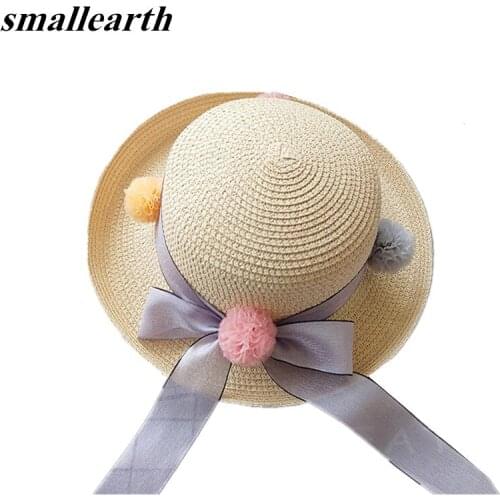 SMALLEARTH Fashion Girls Boys Straw Hats Summer Baby Sun Cap Lovely Children Solid Color Ribbon Decor Cap For Boys Girls SH-017