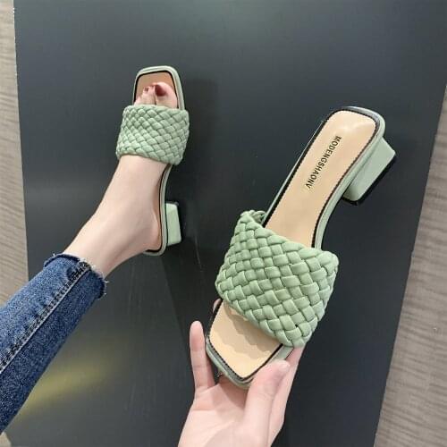 Woven PU Square Toe High Heel Slippers Summer Shoes Women Fashion Chunky Heel Open Toe Slides Women Outdoor Sandals 2020