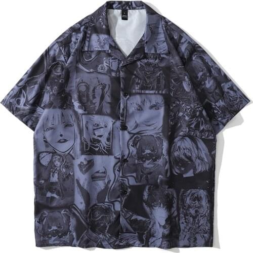 Harajuku Vintage Anime Girl Printed Shirt Blouse Unisex Oversize Short Sleeve 2021Summer Hawaii Beach Holiday Loose Shirts Men