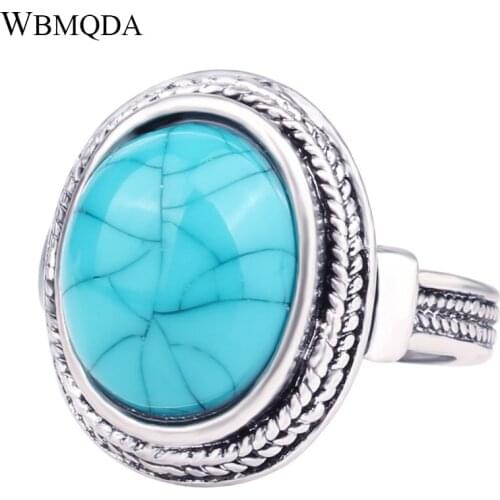High Quality Vintage Oval Blue Stone Silver Color Wedding Couple Rings Ethnic Men Ring Trending Tibetan Minimalist Jewelry 2018