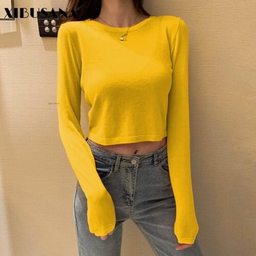 XIBUSANA Casual Short T-shits Women Crop Tops Pullover Shirts 2021 Spring Autumn New Fashion Female Solid Long Sleeve TShirt Tee