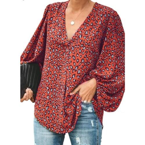 Women Leopard Print Blouse Lady Loose V-neck Long Lantern Sleeve Plus Size Tops AM2258
