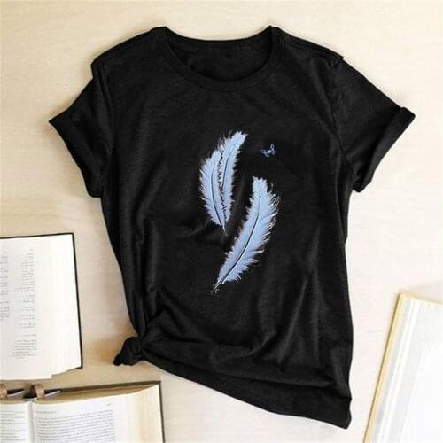 Vintage Feather Print Womens T Shirt Casual Tops Summer Short Sleeve Harajuku T Shirt Female Clothing Tees Mujer Camiseta