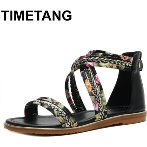 TIMETANGSandals Female Summer Flat-bottom Fairy Style 2021 New Open-toed Floral Cloth Word with Non-slip Roman Shoes Zapatos Par