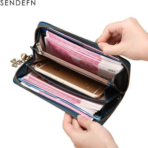 Women Leather Wallet Lady Purse Large Capacity Female Clutch SENDEFN Quality Long Wallets Split Leather Womans Zipper Purses