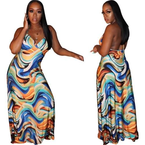 Somoshein S-2XL Fashion 2021 Women Summer Sexy Dress Club Printing Halter Backless Long Dress Wholesale Dropshopping