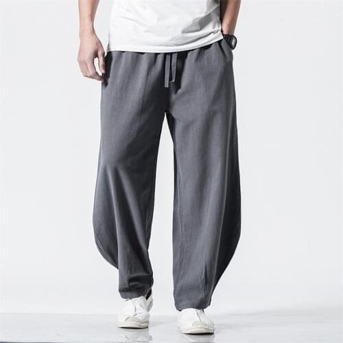 2020 Harajuku Cotton Linen Long Pants Men Casual Joggers Summer Wide Leg Trousers Male Chinese Style Pants Plus Size M-7XL