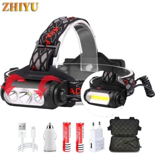 360 Degree Rotating T6 XPE COB Headlamp High Power Use 18650 Head Flashlight White Red Green Lights USB Rechargeable Lamp