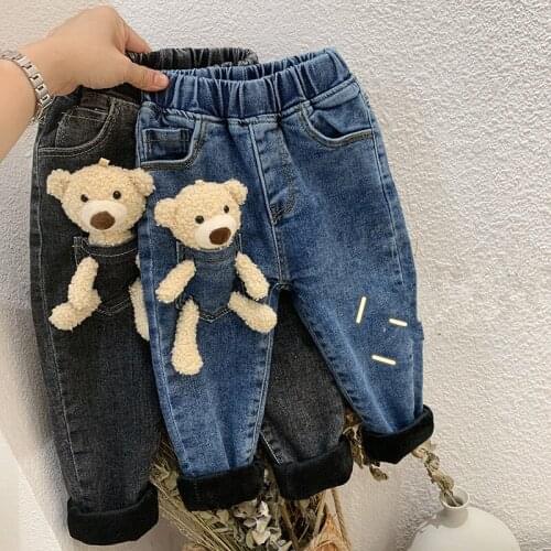 Kids Trousers 2020 Winter Childrens Plus Velvet Jeans Cartoon Bear Casual Solid Thicken Denim Pants For Boys Girls Baby Jeans