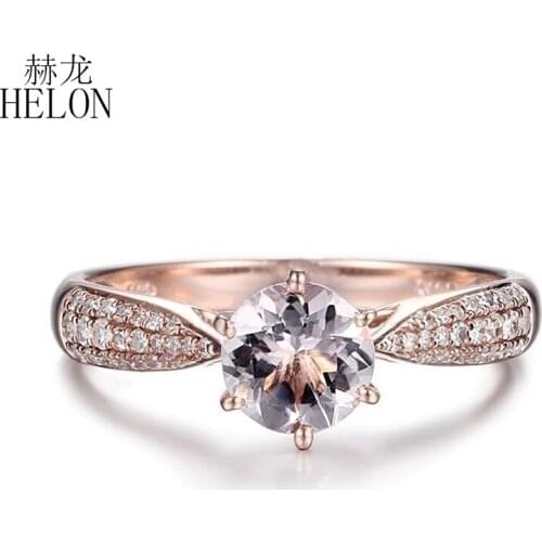 HELON Solid 10K Rose Gold 6mm Round 0.59ct Natural Morganite Diamonds Ring Women Engagement Gemstone Unique Fine Jewelry Ring