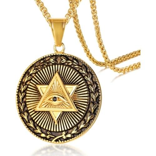Punk Gold Eye of God Double Triangle Round Necklace Mens Amulet Pendant Necklace