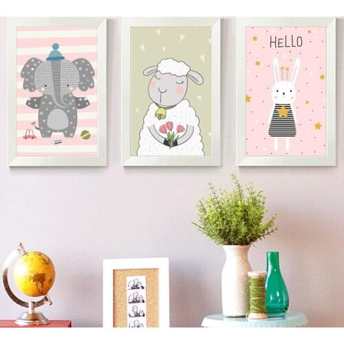 Lovely Children Elephant Rabbit Sheep House Decorative Picture Hanging Cartoon Animation Children Fun Frameless Canvas Painting