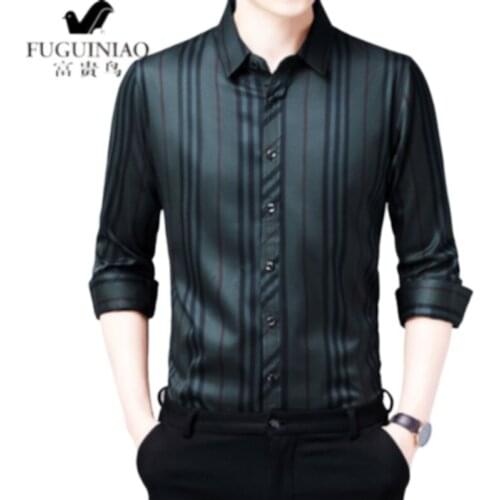 Spring and autumn new mens long-sleeved shirt, middle-aged fashion casual striped shirt