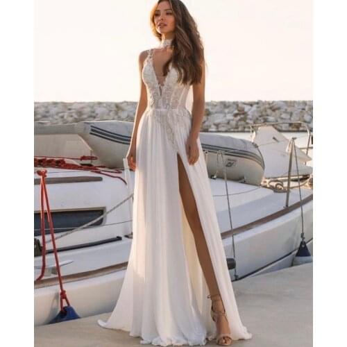 Beach Boho Wedding Dresses Side Split A-Line Spaghetti Straps V-Neck Lace Applique Sexy Bridal Gowns Backless Floor Length Robe
