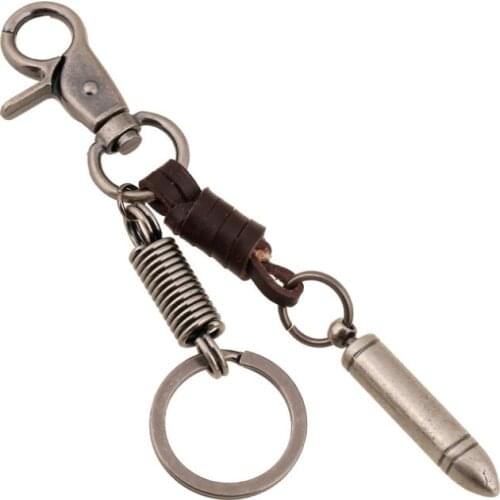 Punk Rock Bullet Pendant Car Keychain Vintage Metal Ring Brown Leather Key Chain for Men Women Bag Retro Hiphop Fashion Jewelry