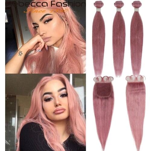 Rebecca Bundles With Closure Straight Human Hair Pink Blonde 3 Bundles With Transparent Closure Brazilian Hair Weave Bundles