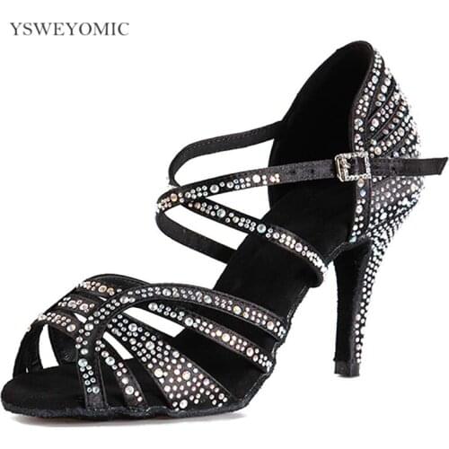 Suede Outsole Dance Shoes Blue Black Satin Crystal 3inch High Heel Professional Customizable Colors Salsa Latin Dance Shoes