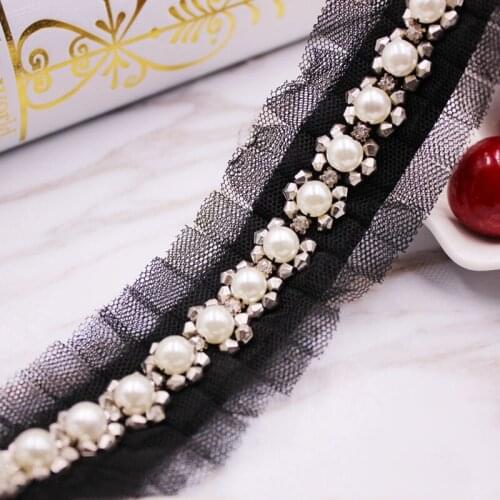 10Yards White Black Fake Pearl Beaded Lace Trim Vintage Ruffled Mesh Fabric Braid Lace Applique