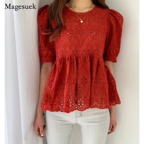 O Neck Hollow Out Puff Sleeve Women Shirt Summer New Korean Chic Fashion Loose Womens Blouse Pleated Vintage Ladies Tops 13619