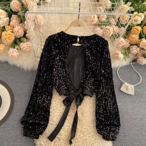 Straps Backless Women Spring Autumn T Shirts Sequins O-Neck Long-sleeved Tee Temperament Young Lady Sweet Short Crop Top Female