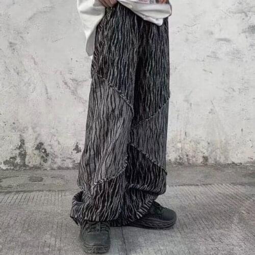 Harajuku High Street Raw Edge Jeans Loose Straight Men and Women Elastic Waist Denim Trousers Wash Retro Hip Hop Oversize Pants
