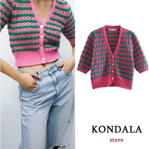 KONDALA Za Womens Sweaters Vintage Striped Print V Neck Short Cardigans Slim Girls Fashion 2021 Outwears Chic Mujer Tops