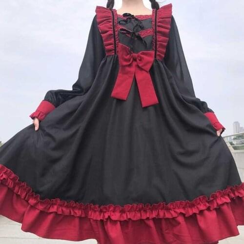Wenfly Women Harajuku Lolita Square Collar Long Sleeve Bow Lace Dress Sweet Kawaii Cute Student Patchwork Ruffles Maxi Dresses