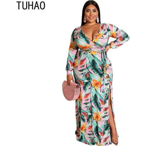 TUHAO 2020 Spring Summer Womens Vintage Dress Mother Bohemian Style Beach Dresses Split Sexy Dress Plus Size 5XL 4XL 3XL WM115
