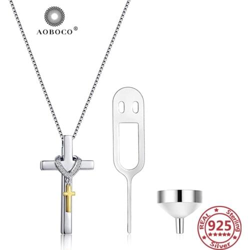 AOBOCO 925 Sterling Silver Cross Urn Necklaces for Ashes Pet Ash Casket Cremation Pendants Keepsake Pet Holder Cremation Jewelry