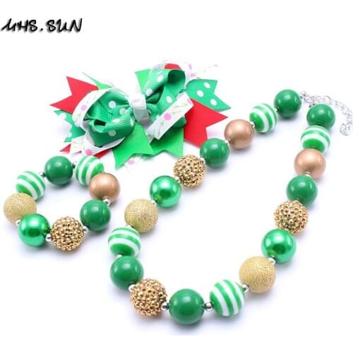 MHS.SUN Christmas Kid Chunky Necklace&Bracelet Set Bubblegum Bead Baby Girl Chunky Necklace Jewelry Set For Toddler Children