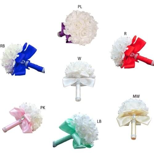 Korean Style Wedding Bridal Bouquet Artificial Flower PE Foam Roses With Faux Crystal Rhinestone Ribbons for Party Church Decor