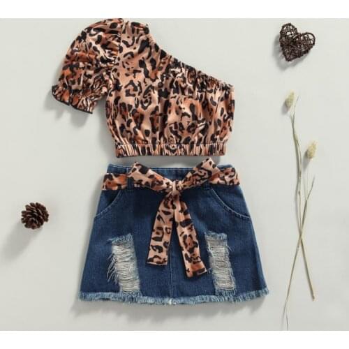 Girl’s Outfits Two Piece Suit Fashion Leopard One shoulder T-shirt Ripped Denim Short Skirt Childrens Sets 2PCS