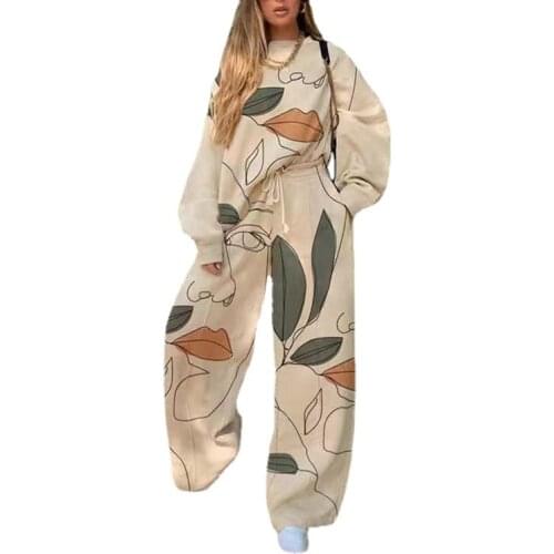 Tracksuit Women Two Piece Set Spring Autumn Clothes Stylish Printing Pullover Top Wide Leg Pants Oversized Casual Suits Outfits