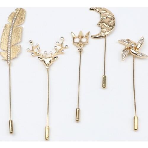 Mens New Fashion Long Gold Brooches Retro Leaf Deer Moon Alloy Brooch Pins Collar Suit Stick Breastpin Pin Daily Accessory