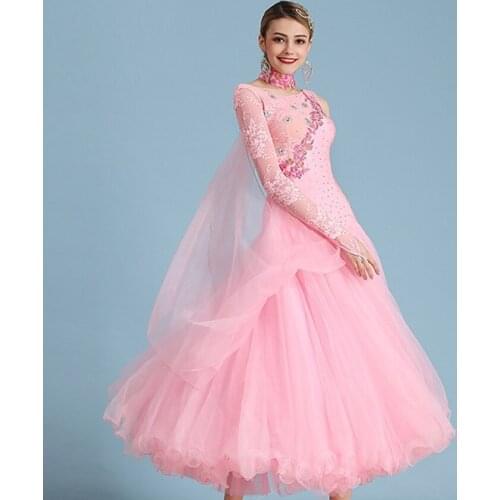 New girls ballroom dance dress kids rumba dress for ballroom dancing waltz dress lace standard dance dress stage dance wear pink