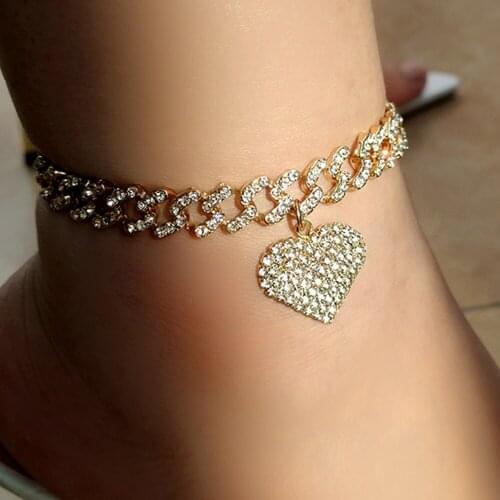 New Crystal Heart Cuban Link Anklet for Women Punk Miami Cuban Anklets Bracelet Chunky Metal Chain Ankle HipHop Party Jewelry