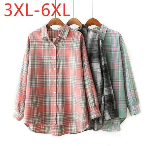 New ladies autumn winter plus size tops for women large blouse long sleeve loose cotton pink button plaid shirt 3XL 4XL 5XL 6XL