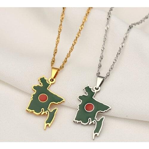 SONYA Map of Bangladesh Flag Pendant Necklaces for Women Men Girls Stainless Steel Bangladeshi Maps Chains Bengali